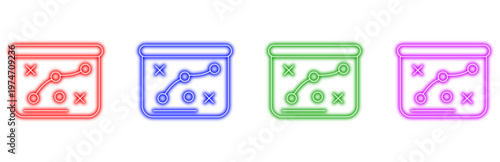 A colorful set of neon icons depicting tactical game boards with a line connecting circles and x marks, symbolizing strategy and planning in business and sports.