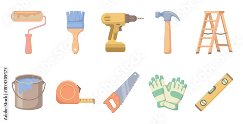 A colorful collection of home renovation tools including a paint roller, brush, drill, hammer, ladder, paint can, tape measure, saw, gloves, and level.