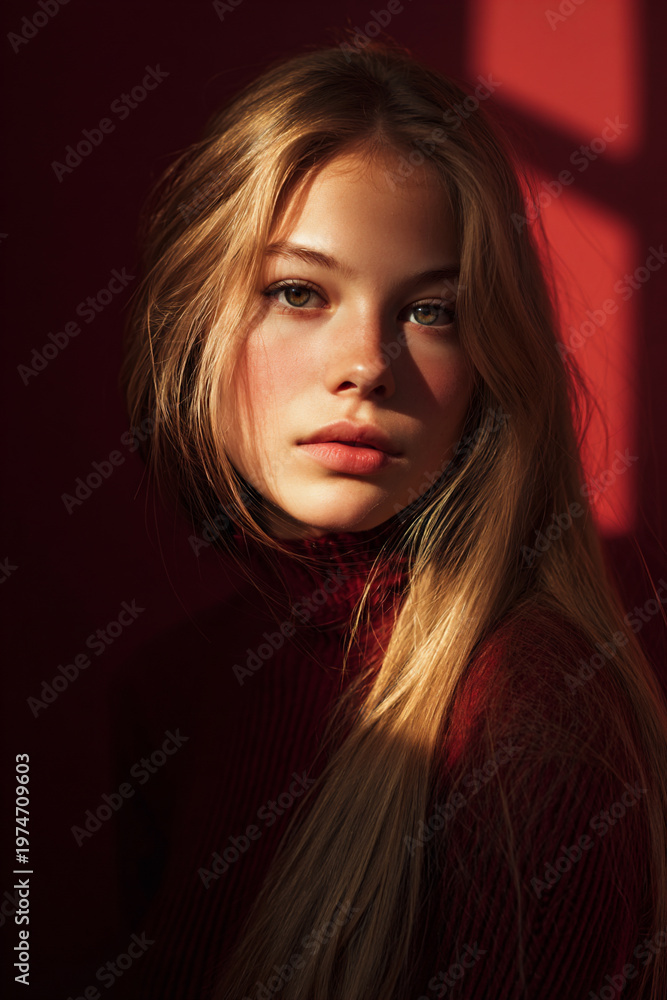 Fototapeta premium portrait of a blonde girl with burgundy background, professional studio portrait of a young woman, closeup headshot of a blonde female model