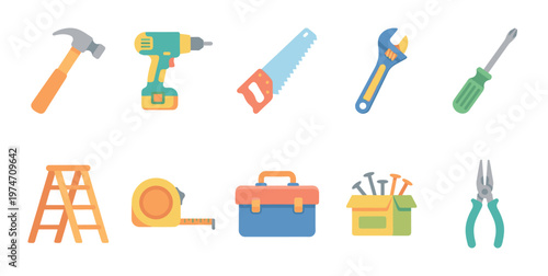 A flat design illustration features a collection of assorted hand tools and DIY equipment neatly arranged against a white background, perfect for construction or repair themes.
