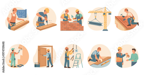 A collection of illustrations showing construction workers engaged in diverse tasks like measuring, drilling, bricklaying, roofing, painting, carpentry, and handing over keys.