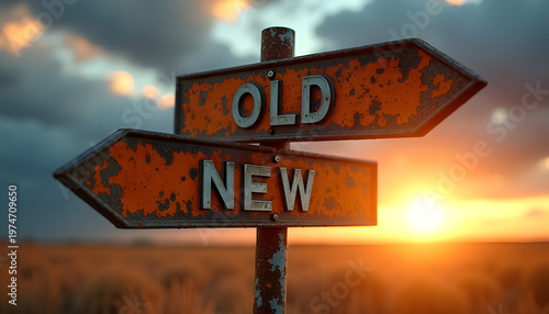 Old and New Signposts at Sunset, Direction Choice Concept, Change, Transition, Future vs Past, 3D Illustration