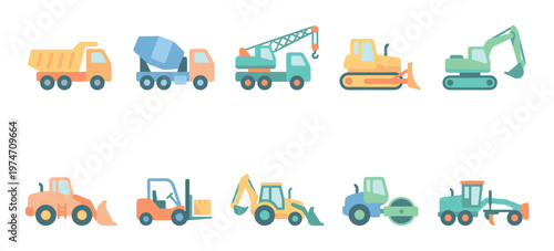 A collection of ten colorful, flat design construction vehicles including a dump truck, concrete mixer, crane, bulldozer, and excavator.