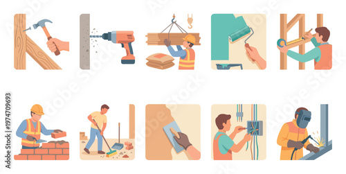 A vibrant collection of flat illustration icons depicting various construction and renovation activities, from drilling and building to painting and welding.