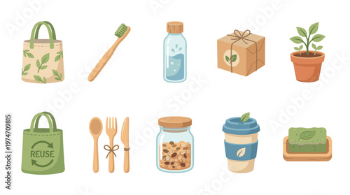 A collection of flat design illustrations of eco friendly sustainable lifestyle objects like reusable bags, bamboo toothbrush, glass bottle, reusable cup, soap, and plant.