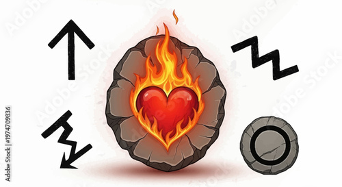 Mystical burning heart on stone tablet, ancient rune symbols and magical fire heart illustration, fantasy game asset icons on white background