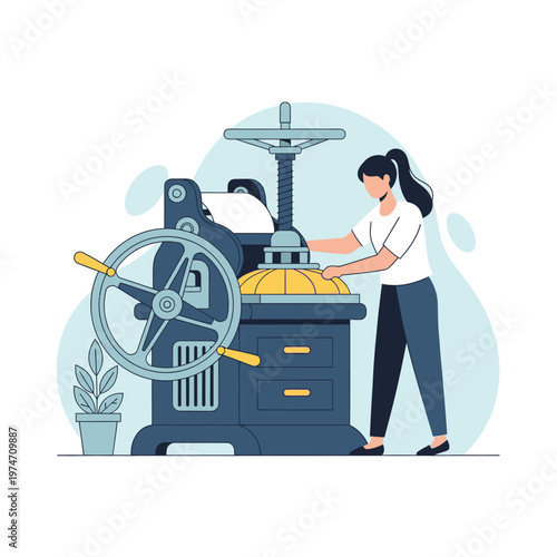 Woman operating vintage printing press machine illustration.