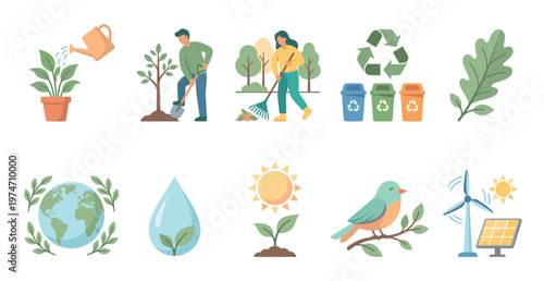 A collection of flat design illustrations depicting eco-friendly activities and nature conservation, including watering plants, planting trees, recycling, and renewable energy sources like wind