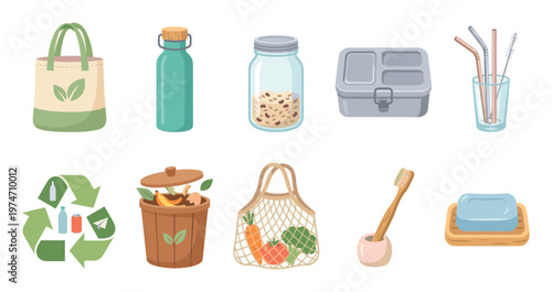 A collection of reusable and eco-friendly items, including a tote bag, water bottle, lunch box, reusable straws, compost bin, and toiletries, promoting a sustainable lifestyle.