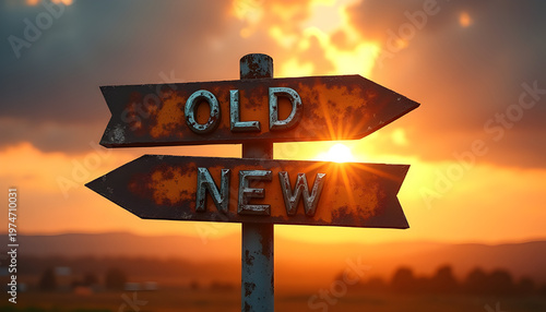 Old and New Signposts at Sunset, Direction Choice Concept, Change, Transition, Future vs Past, 3D Illustration