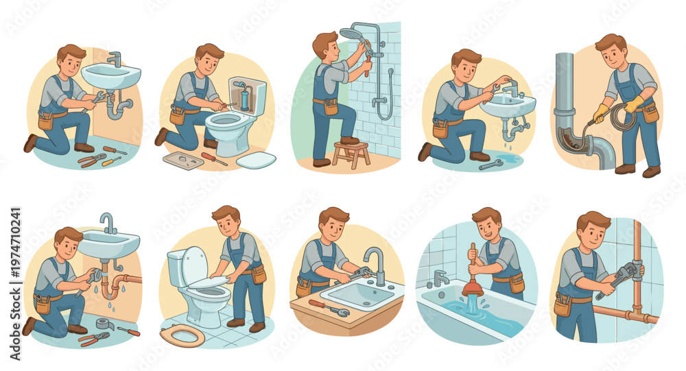 Fototapeta premium A collection of cartoon illustrations showing a male plumber performing various repair and maintenance tasks on plumbing fixtures in a bathroom and kitchen setting.