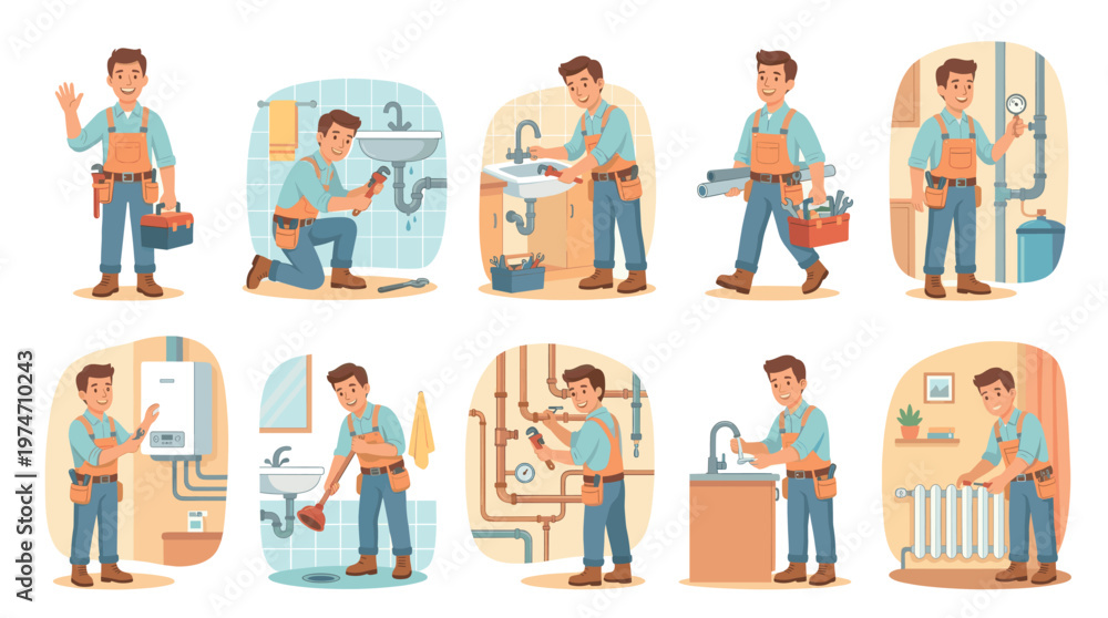 Fototapeta premium A set of ten cartoon illustrations showcasing a friendly male plumber in overalls engaged in diverse plumbing repair and maintenance activities.