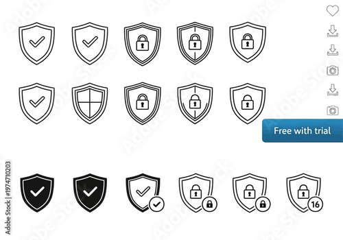 Security shield icons with checkmarks and locks for website and app ui, vector symbols