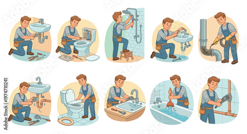 A collection of cartoon illustrations showing a male plumber performing various repair and maintenance tasks on plumbing fixtures in a bathroom and kitchen setting.