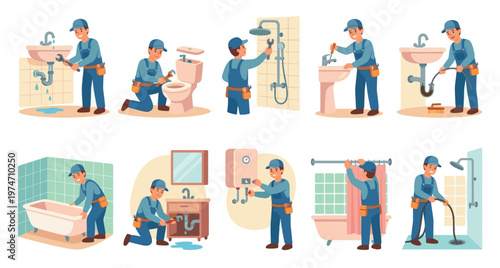 A cheerful cartoon plumber in blue overalls and a cap is shown performing various plumbing tasks in different bathroom and kitchen settings, including fixing sinks, toilets, showers, and bathtubs.