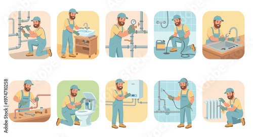 This flat illustration features a smiling male plumber in blue overalls performing various plumbing tasks including pipe repair sink installation and radiator cleaning.
