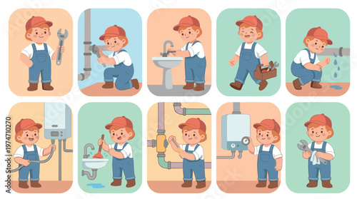 A series of cartoon panels show a child plumber performing various tasks like fixing pipes, using a plunger, and working with a water heater.