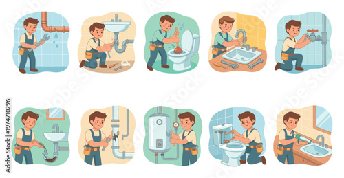 A collection of illustrated scenes shows a friendly male plumber performing diverse tasks like pipe repair, unclogging drains, fixing toilets, and working on faucets, highlighting professional