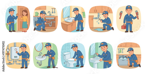 Friendly cartoon plumber illustrates multiple household repairs including fixing leaks, unclogging drains, installing appliances, and general maintenance, showcasing service variety.