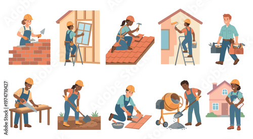 A collection of illustrations shows people of diverse backgrounds working on various construction and renovation tasks, from laying bricks to painting and landscaping.