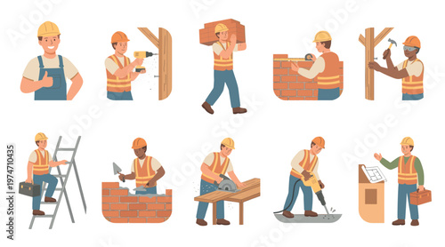 A collection of diverse construction workers engaged in different building and repair activities, showcasing a variety of skilled trades.
