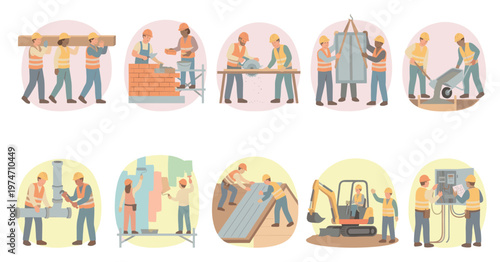 Diverse construction workers in hard hats and vests collaborate on various building tasks including carpentry plumbing bricklaying painting and heavy machinery operation.