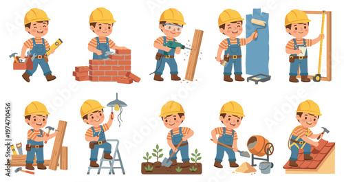 This vibrant illustration features a cheerful cartoon boy in builder attire, performing various construction tasks with different tools, ideal for educational or design projects.