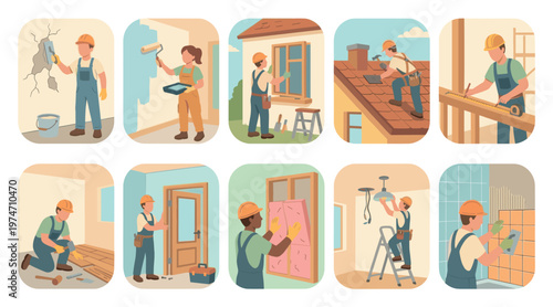 A montage of diverse construction workers performing various renovation and repair tasks, illustrating home improvement and DIY projects.