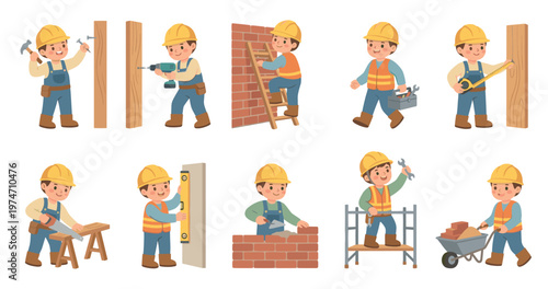 This cheerful flat design illustration features cartoon construction workers performing various tasks like hammering, drilling, bricklaying, and measuring, suitable for children's educational content.