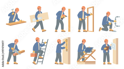 A construction worker performs various building tasks including hammering, measuring, drilling, plumbing, and installing a solar panel, depicted in a clean, modern illustration style.