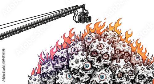 Surreal horror skull mountain with eyeballs and spikes, burning pile of skulls being filmed by a camera crane, dark fantasy vector illustration