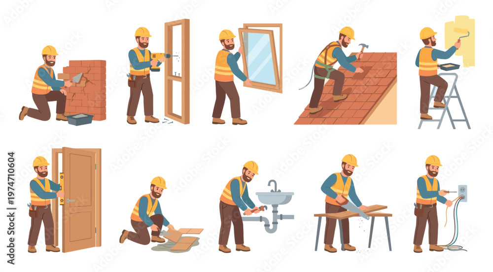 Fototapeta premium This illustration depicts a construction worker performing various building and renovation tasks including bricklaying, drilling, window installation, roofing, painting, electrical work, sanding,
