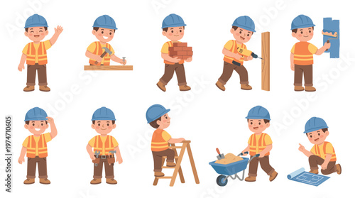 A set of cute cartoon construction worker characters illustrating various building activities with tools and materials on a white background.