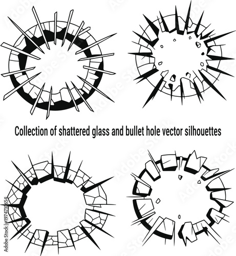 Four distinct black and white silhouettes showcase shattered glass effects and bullet hole patterns