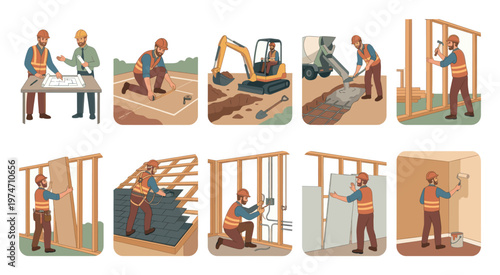 A sequence of illustrations depicts construction workers performing various building tasks, from planning and excavation to finishing touches like painting.