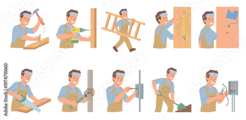 A smiling man wearing safety goggles and an apron demonstrates multiple DIY and construction skills including hammering, drilling, painting, measuring, and electrical work.