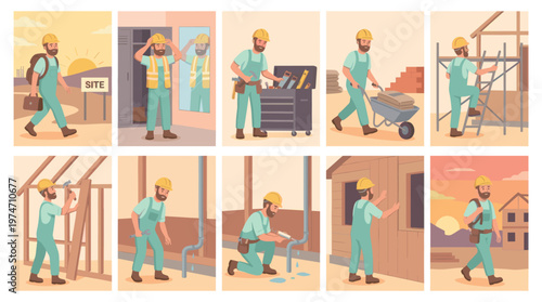 This illustration shows a construction worker performing various tasks on a building site, from arriving at dawn to working with tools and materials.
