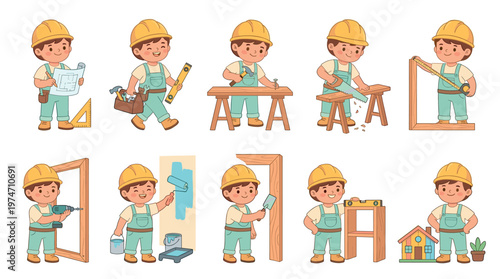 A cheerful cartoon boy dressed as a builder demonstrates various construction and DIY activities like planning, sawing, painting, and drilling.