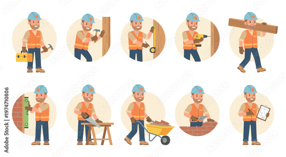 Fototapeta premium A cheerful male construction worker in a hard hat and safety vest performs various building tasks, including hammering, measuring, drilling, carrying wood, and laying bricks.