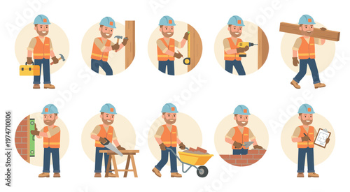 A cheerful male construction worker in a hard hat and safety vest performs various building tasks, including hammering, measuring, drilling, carrying wood, and laying bricks.