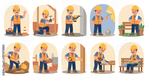 A cheerful construction worker performs various tasks like building, painting, digging, and taking a break, depicted as flat design illustrations in individual rounded frames.
