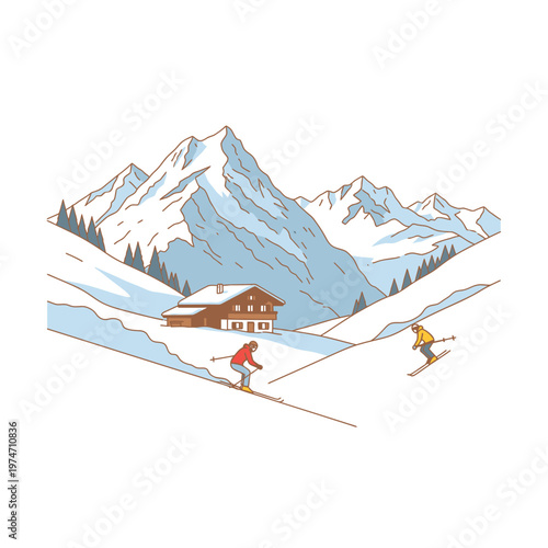 Two skiers descending a snowy mountain slope towards a lodge.