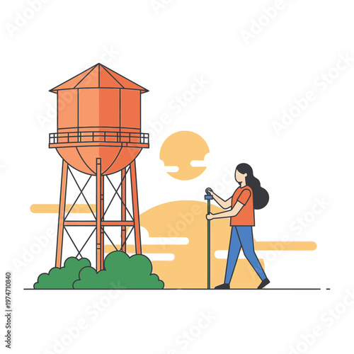 Woman with walking sticks near water tower.