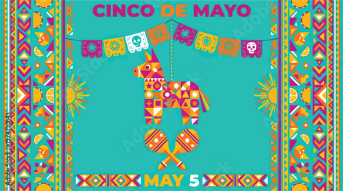 Cinco de mayo poster design with traditional mexican ornaments, mariachi, flowers, and patterns. colorful cinco de mayo holiday banner.