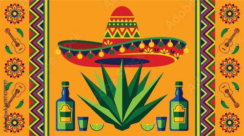 Cinco de mayo banner with mexican sombrero, tequila, agave plant, guitars, and chili peppers. traditional mexico holiday poster.