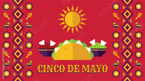 Cinco de mayo banner with tacos, guacamole, salsa, and sun. traditional mexican holiday poster with decorative elements.