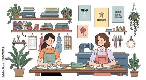 Two women sewing and crafting together in a cozy workshop.