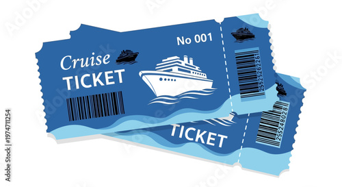 Torn cruise tickets with barcode and ship illustration on blue background