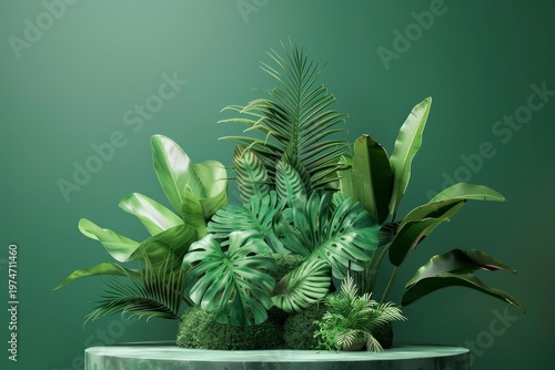 Tropical plants arranged on a round display create a vibrant green oasis against a matching backdrop