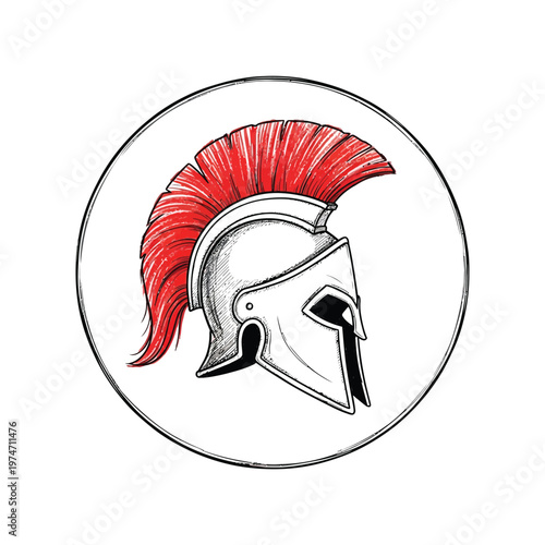 Spartan Gladiator Helmet with Red Plume Crest - Hand Drawn Ancient Greek Warrior Headgear Illustration in Circular Frame